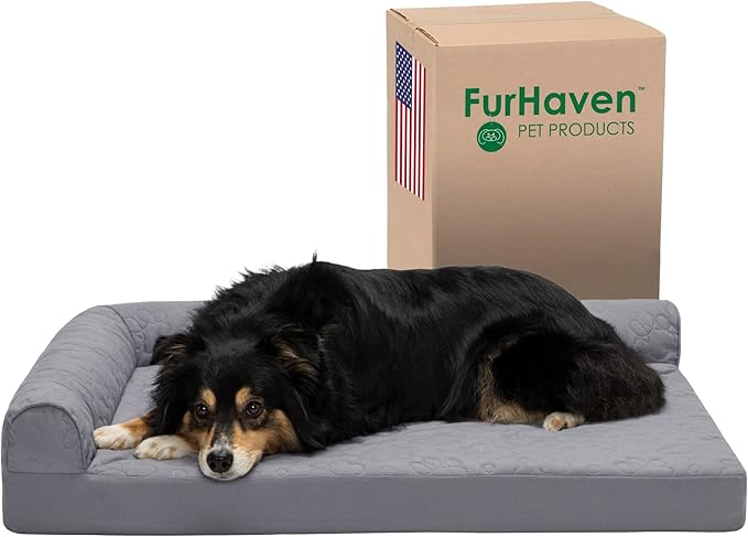 Furhaven Cooling Gel Dog Bed for Large/Medium Dogs w/ Removable Bolsters & Washable Cover, For Dogs Up to 55 lbs - Pinsonic Quilted Paw L Shaped Chaise - Titanium, Large-PurrikoPets