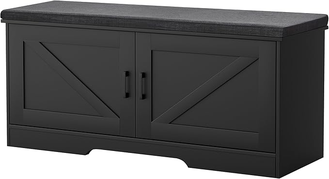 2-Tier Storage Bench, Shoe Bench with Padded Seat Cushion, Entryway Bench with 2 Barn Doors, Adjustable Shelf, 13.8" D x 39.4" W x 17.7" H, for Entryway, Living Room, Bedroom, Black-PurrikoPets