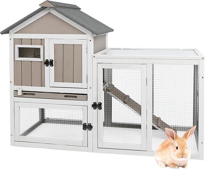 47''L Rabbit Hutch Outdoor Chicken Coop with Run, Wooden Indoor 2 Story Bunny House with Waterproof Roof, Pull Out Tray, Guinea Pig Rabbit Duck Cage for Small to Medium Animals and Pet Lover, Gray-PurrikoPets