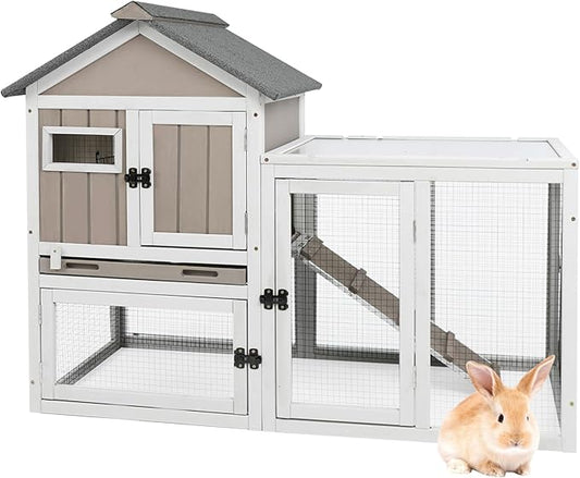 47''L Rabbit Hutch Outdoor Chicken Coop with Run, Wooden Indoor 2 Story Bunny House with Waterproof Roof, Pull Out Tray, Guinea Pig Rabbit Duck Cage for Small to Medium Animals and Pet Lover, Gray-PurrikoPets