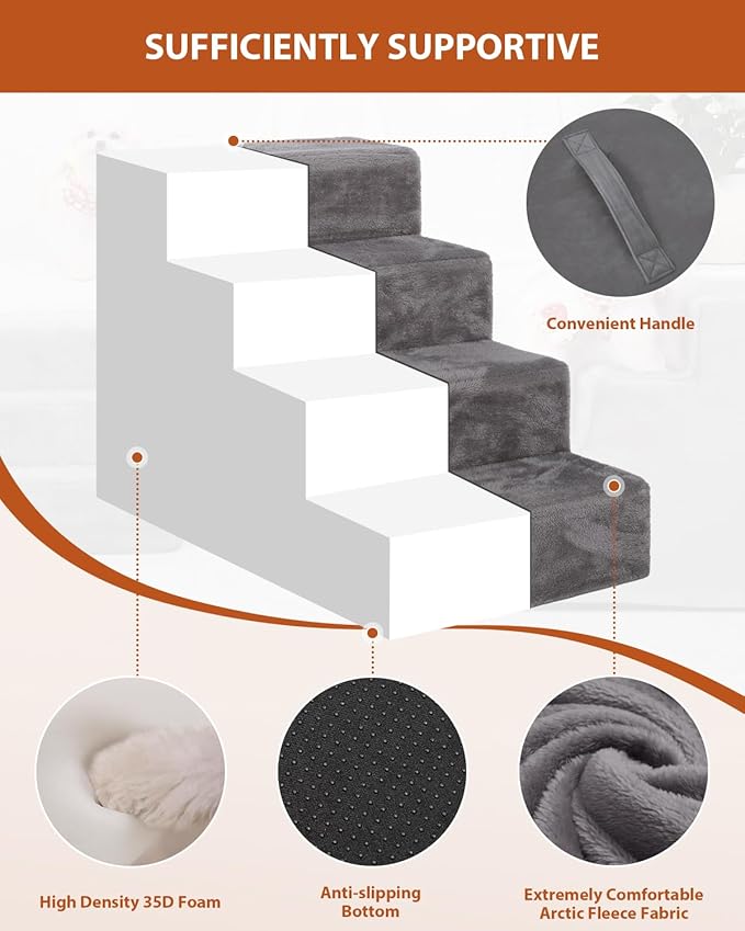 Dog Stairs for Small Dogs,17.5" 4-Step Pet Stairs for High Beds and Couches，Dog Steps with Non-Slip Bottom and High-Density Foam Indoor Outdoor,Grey-PurrikoPets
