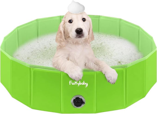 Furrybaby Dog Pool, Kiddie Pool with Hard Plate Collapsible Pet Bath Foldable Swimming Pet Pool Portable Green 32''-PurrikoPets