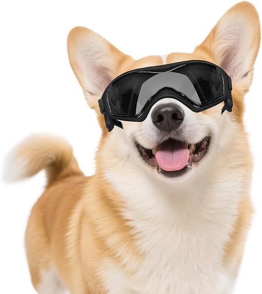 Dog Goggles Dog Sunglasses for Medium Breed UV Protection Windproof with Adjustable Head Straps Chin Straps for Ride Car/Hiking Travel/On Beach-Black-PurrikoPets
