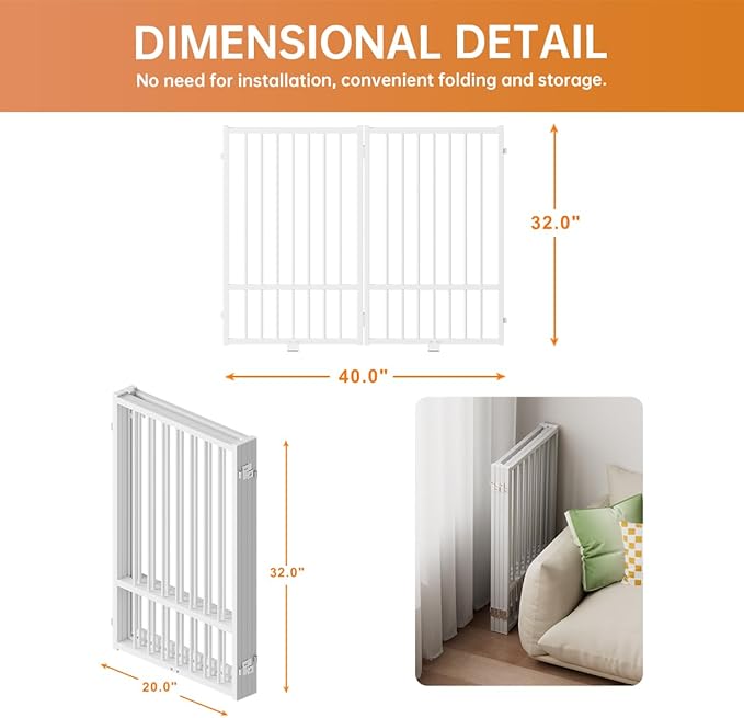 Full Metal Freestanding Dog Gate with Door, 32''Height Foldable Pet Dog Fence for Indoor & Outdoor, 2 Panels Extra Wide Free Standing TallDog Gates for Doorways,House,Stairs,Porch,Deck,Yard-PurrikoPets