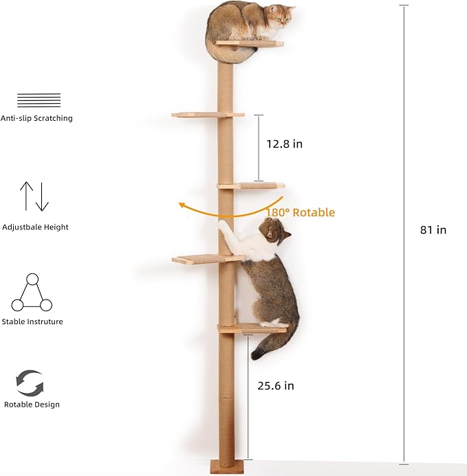 5 Tier Floor to Ceiling Cat Tree Tower with Wall-Mounted Scratching Post, Playful Wall Climbing Shelves for Cats, Ideal for Kittens to Climb, Scratch, and Lookout, Wild Simulation Design-PurrikoPets