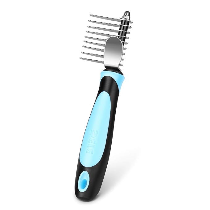 Flexzion Dogs Dematting Comb, Stainless Steel Blades Rakes, for Pets Cats Animals Matted Knotted Hair, Brush Cutting Removing Grooming Tool with Smooth Teeth Needle - Black & Blue Handle-PurrikoPets
