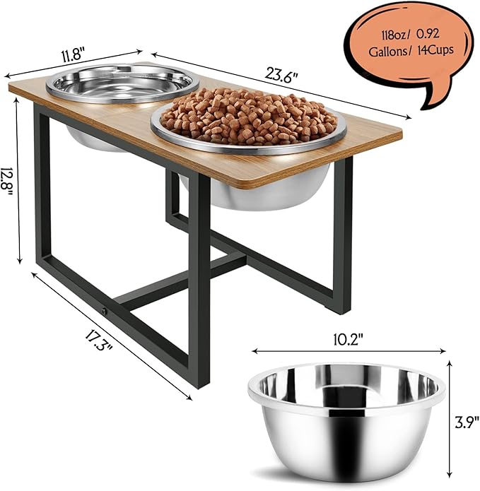 Elevated Dog Bowls for Large Dogs, Raised Dog Bowl Stand with Two X-Large Stainless Steel Bowls for Dogs, 3.5L Capacity, Rustic Walnut-PurrikoPets