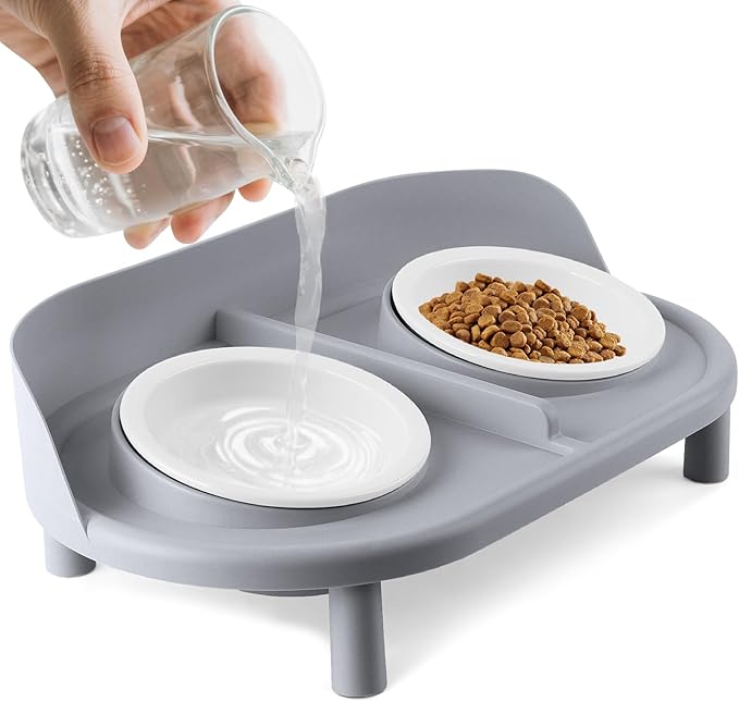 Elevated Cat Bowls, Tilted Rised Cat Food and Water Bowl with 2 Pcs Ceramic Pet Bowls, Rised Stand, Pet Dish Anti Vomiting Feeding Station for All Sized Cats & Small Dogs (Grey)-PurrikoPets