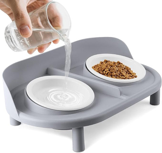 Elevated Cat Bowls, Tilted Rised Cat Food and Water Bowl with 2 Pcs Ceramic Pet Bowls, Rised Stand, Pet Dish Anti Vomiting Feeding Station for All Sized Cats & Small Dogs (Grey)-PurrikoPets