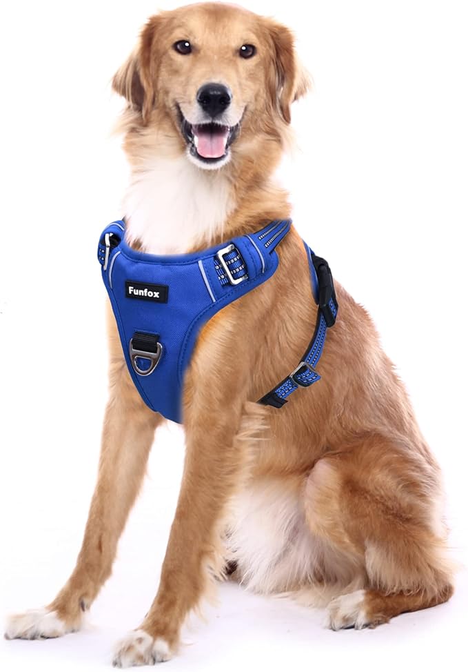 Funfox Dog Harness No Pull, Adjustable Pet Vest Harness, Super Soft Material with Vertical Handle Easy Control, Reflective Night Walking, 2 Leash Clips for XLarge Dogs, Blue, XL-PurrikoPets