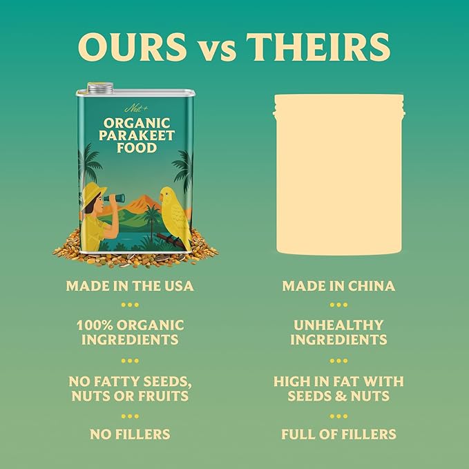 100% Organic Parakeet Food – Premium Bird Seed Mix with Oat Groats, Buckwheat, Amaranth, Super Veggies & Seeds – Reusable Tin + Stainless-Steel Scooper – Made in USA, Human Grade Ingredients (2lb)-PurrikoPets