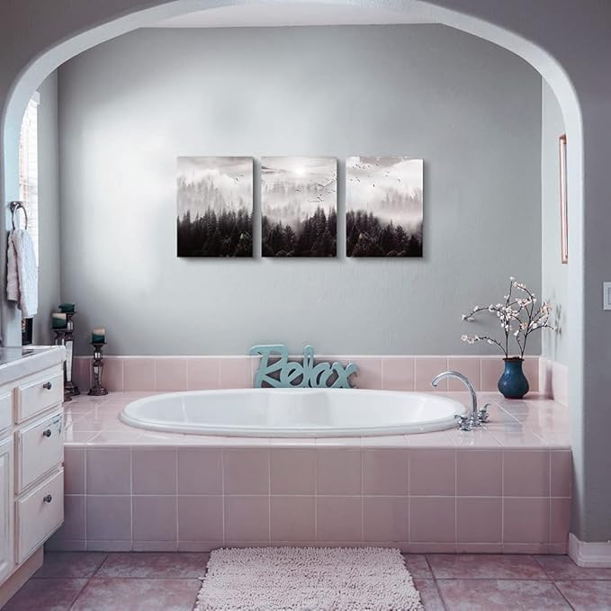 Framed Canvas Art - Boho Wall Decor Set of 3: Foggy Forest Trees Scenery for Living Room, Bedroom, Office, Farmhouse, Home Decoration-PurrikoPets