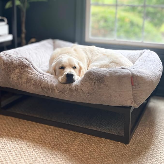 FUZI Luxury Aesthetic Dog Bed for Medium Dogs with Washable Cover, Pet Couch, Pet Bed with Sides, Non-Slip Bottom, Soft and Durable Calming Dog Bed, Faux Rabbit Fur, Medium 31.75x23.6x9.5 Light Grey-PurrikoPets