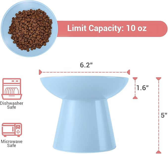 Extra Wide Elevated Ceramic Cat Bowl, 6.2" Shallow Dish for Whisker Fatigue Relief, 5" Height for Easy Feeding, Durable Raised Cat Food Bowls, Pack of 2, Blue-PurrikoPets