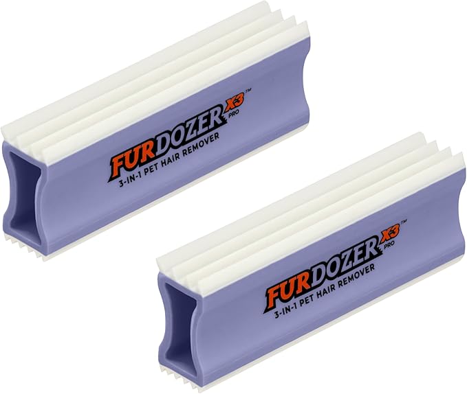 FurDozer X3 PRO Pet Hair Remover & Auto Detailing Tool - Cat & Dog Hair Remover for Carpet, Cars, Couch, Bedding, & Furniture - Reusable Pet Hair Removal Tool for Fur & Lint, 5" (Purple, 2-Pack)-PurrikoPets