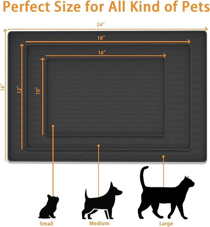 18" x 12" Dog Food Mat, Silicone Pet Mats for Food and Water, Nonslip Pet Feeding Mats for Floors, Dog Cat Bowl Mat with Raised Edges, Light Gray-PurrikoPets