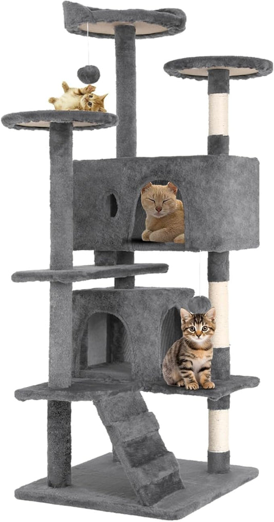 54.7 Inches Cat Tower for Indoor Cats, Multi-Level Cat Condos with Scratching Posts, Hanging Toys, Light Gray-PurrikoPets
