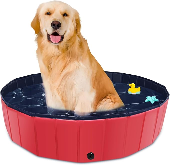 Foldable Dog Pool, 39" x 12" Kiddie Pool with Hard Plastic, Non-Slip Dog Bath Tub for Outdoor Backyard, Collapsible Dog Swimming Pool for Kids Dogs Pets (Red)-PurrikoPets