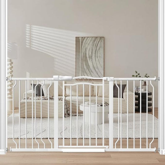 Extra Wide Baby Gate for Doorways 53.1"-62.6", Pressure Mounted Dog Gates With Door, Child Safety Barrier Walk Thru Indoor, Large Babygate Long for Kids Toddler Pet Outside, 30 In Tall White-PurrikoPets