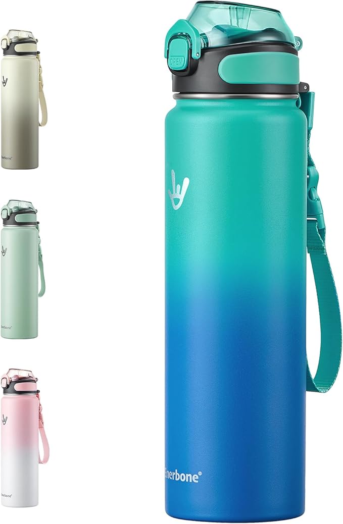 Enerbone 32 oz Insulated Water Bottle, Stainless Steel Bottle with Carrying Strap, Double-Wall Vacuum Insulation Design, Leakproof Sports Bottle with Straw, Keep Drinks Cold or Hot for Hours-PurrikoPets