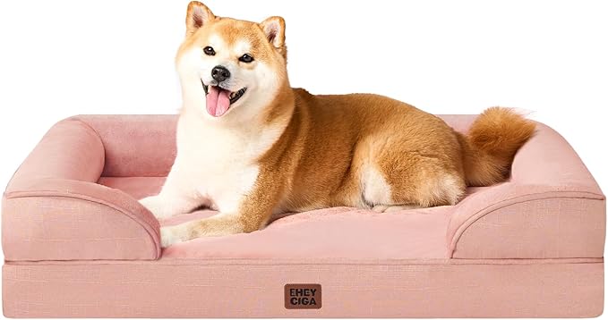 EHEYCIGA Orthopedic Dog Beds for Large Dogs, Waterproof Memory Foam Large Dog Bed with Sides, Non-Slip Bottom and Egg-Crate Foam Pet Couch Bed with Washable Removable Cover, Dusty Pink-PurrikoPets