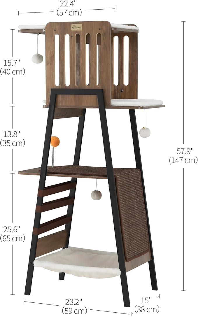 FourFurPets Modern Cat Tree, 58-Inch Cat Tower for Large Cats, Maine Coon Cat Tree with Scratching Board, Large Perch, Hammock and Removable Pads, Greige-PurrikoPets