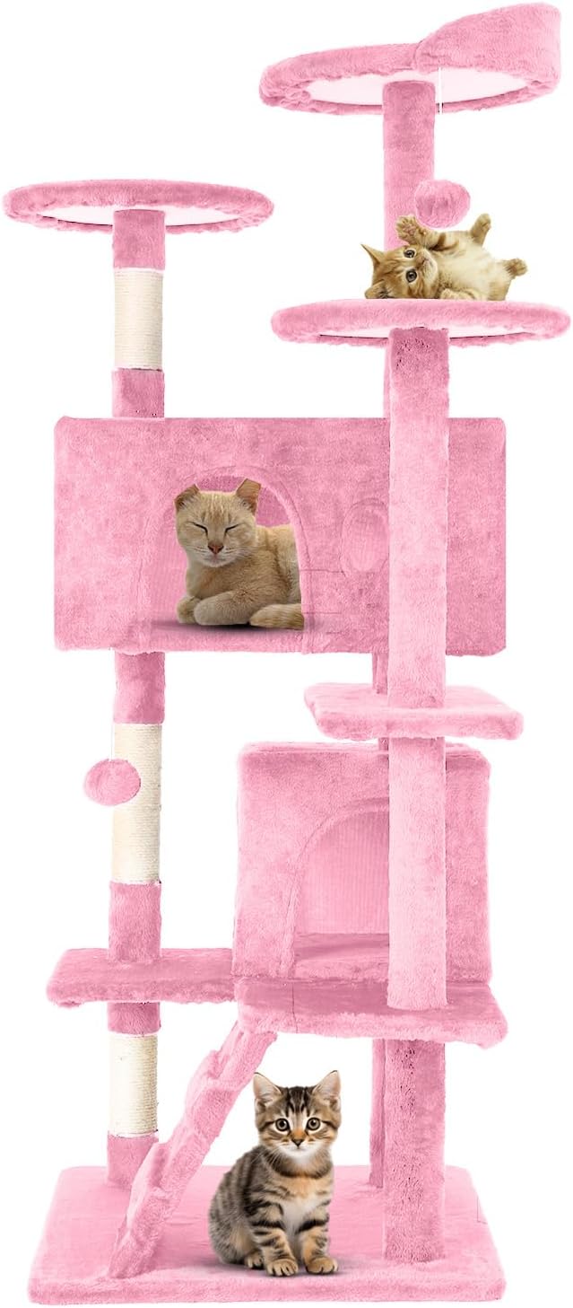 54.7 inches Cat Tower for Indoor Cats, Multi-Level Cat Condos with Scratching Posts, Hanging Toys, Pink-PurrikoPets