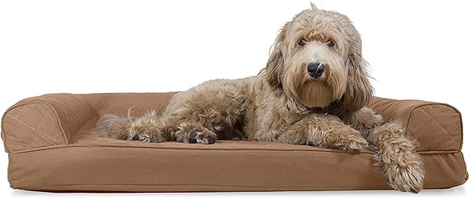 Furhaven Cooling Gel Dog Bed for Large/Medium Dogs w/ Removable Bolsters & Washable Cover, For Dogs Up to 55 lbs - Quilted Sofa - Toasted Brown, Large-PurrikoPets