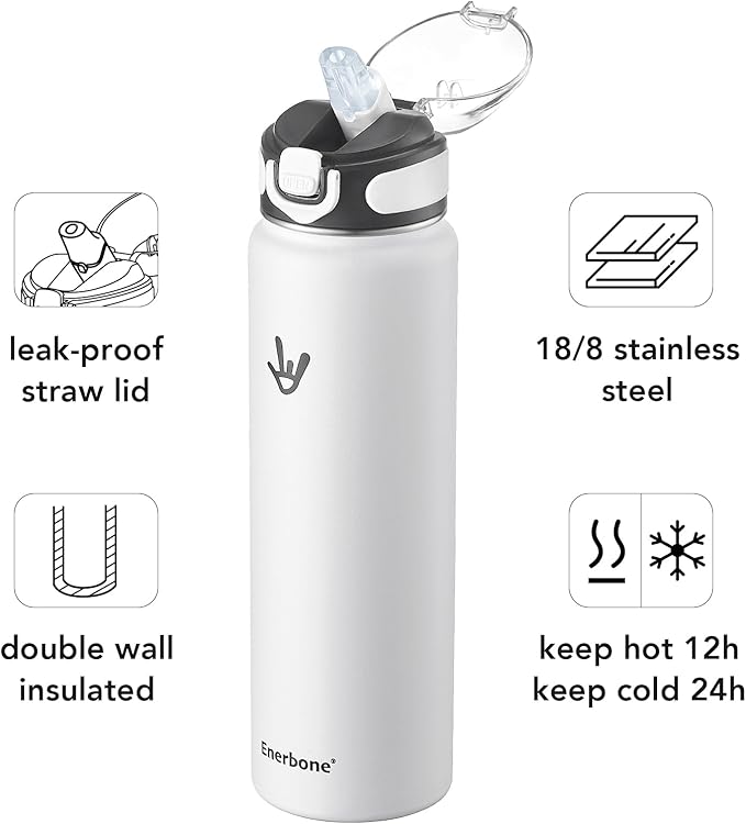 Enerbone 32 oz Insulated Water Bottle, Stainless Steel Bottle with Carrying Strap, Double-Wall Vacuum Insulation Design, Leakproof Sports Bottle with Straw, Keep Drinks Cold or Hot for Hours-PurrikoPets