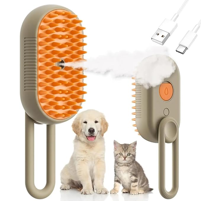4 in 1 Cat Steam Brush Rechargeable pet spray comb Steam Brush for Cats and Dogs, Massage, Cleaning, Shedding & Combing Multifunctional Hair Removal Anti Static Grooming Tool for home (Beige)-PurrikoPets