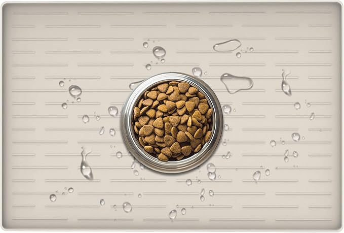 24" x 16" Dog Food Mat, Silicone Pet Mats for Food and Water, Nonslip Pet Feeding Mats for Floors, Dog Cat Bowl Mat with Raised Edges, Beige-PurrikoPets