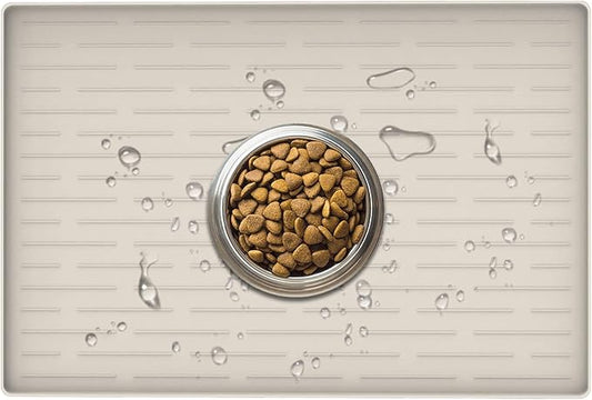 24" x 16" Dog Food Mat, Silicone Pet Mats for Food and Water, Nonslip Pet Feeding Mats for Floors, Dog Cat Bowl Mat with Raised Edges, Beige-PurrikoPets