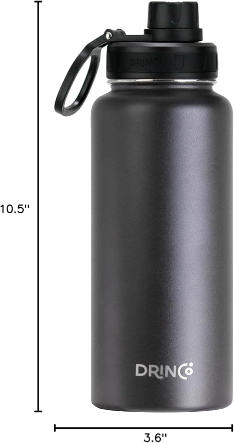DRINCO Stainless Steel Water Bottle Spout Lid Vacuum Insulated Double Wall Water Bottle Wide Mouth (40oz 32oz 22oz 18oz 14oz) Leak Proof Keep Cold Sport Camping Hiking (32 oz, 32oz Black)-PurrikoPets