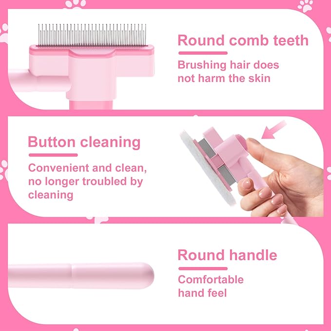 2PCS Flea Comb for Cats and Dogs with Pet Hair Remover Glove, Self Cleaning Pet Flea Cat Grooming Brush with Release Button for Massaging and Cleaning Shedding Pets Hairs-PurrikoPets