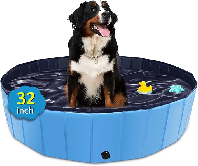 Foldable Dog Pool, 32" x 8" Kiddie Pool with Hard Plastic, Non-Slip Dog Bath Tub for Outdoor Backyard, Collapsible Dog Swimming Pool for Kids Dogs Pets (Blue)-PurrikoPets