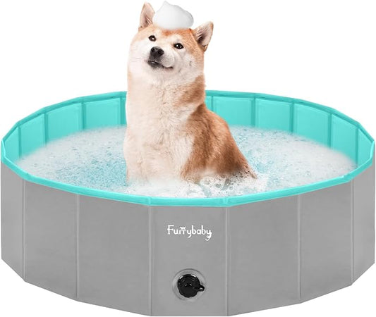 Furrybaby Dog Pool, Kiddie Pool with Hard Plate Collapsible Pet Bath Foldable Swimming Pet Pool Portable Grey 39''-PurrikoPets
