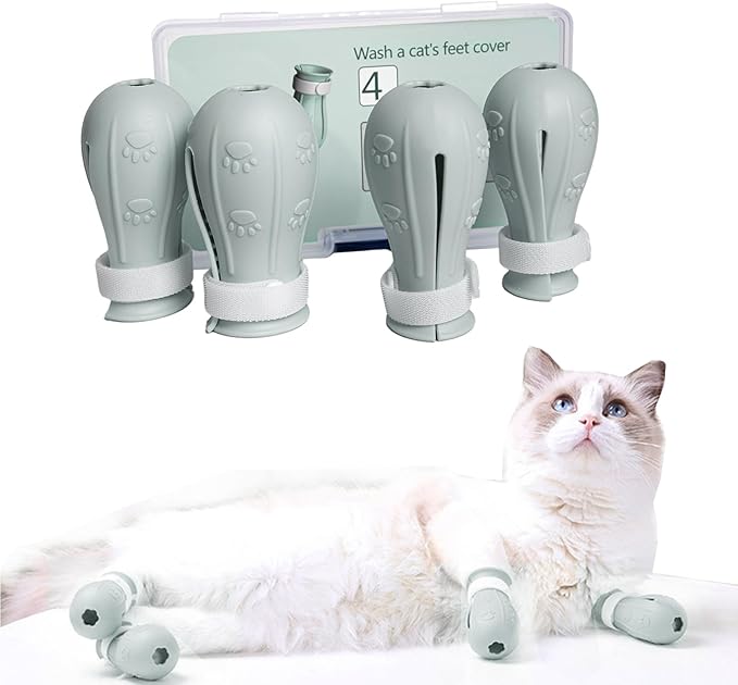 4 Pieces Cat Scratch Cover for Nursing Rehabilitation Cat Boots for Cats Only, Adjustable Cat Bathing Gloves (Grey)-PurrikoPets