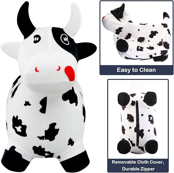 EVERICH TOY Bouncy Horse Cow Toys, Inflatable Bouncing Animal Hopping Toys, Outdoor Indoor Ride on Bouncer, Boys Girls Birthday Gift for 18 Month 2 3 4 5 6 Year Old Kid- Plush Cow Toy-PurrikoPets