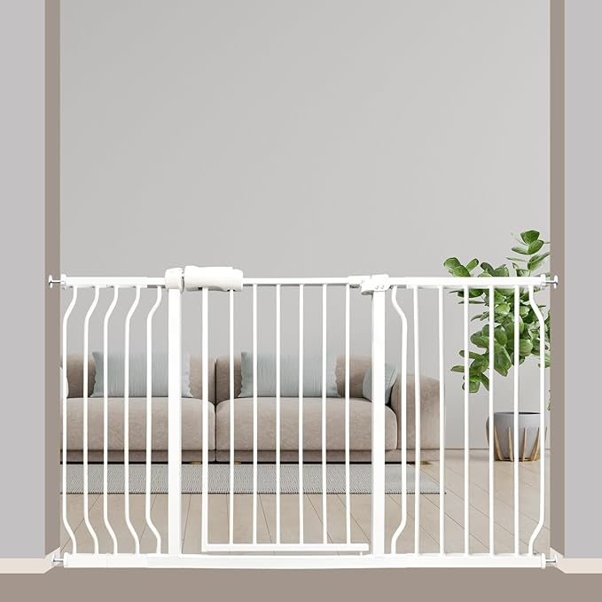Extra Wide Baby Gate 53-57.5 Inch, Tension Mounted No Drilling, Auto Close Indoor Safety Gate for Stairs & Doorways - Metal Design for Kids and Pets, White-PurrikoPets