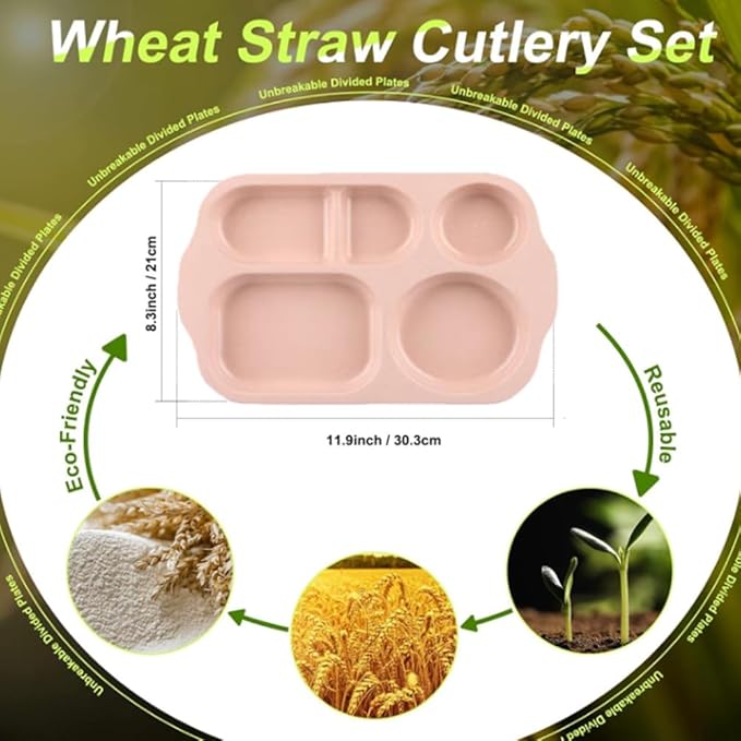 12 Inch Divided Plates4 PCS - Reusable Unbreakable Wheat Straw Plates, Dinnerware Lunch Tray Plates Tableware for Kitchen, Picky Eaters, Campers and Portion Control (Blush)-PurrikoPets
