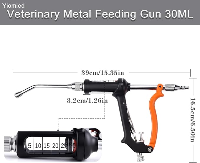 30ML Veterinary Metal Feeding Gun, Continuous Drench Gun Dosing Device Veterinary Adjustable Medicine Dispenser Husbandry Autonomous Feeding Tool, Pig Cattle, Sheep, Horse for Drench Gun-PurrikoPets