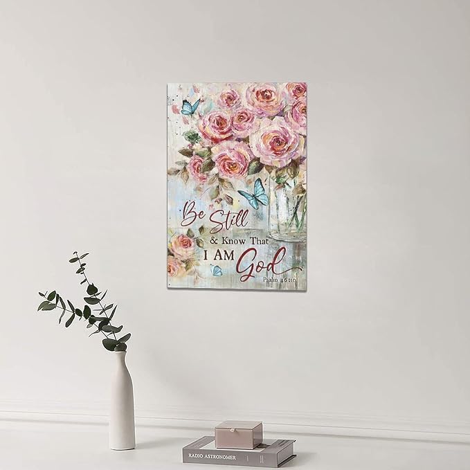 Farmhouse Rose Wall Art Christian Scripture Pictures Pink Rose Wall Decor Rustic Floral Butterfly Canvas Print Painting Artwork for Bathroom Living Room Bedroom 16"x24"-PurrikoPets
