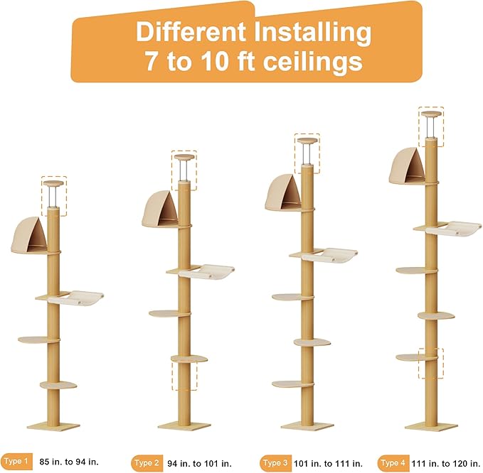 FUKUMARU Floor to Ceiling Cat Tree, 6 Level Adjustable Height (6-10 ft) Climbing Tower with Thickened Scratching Posts, Cats Activity Center with Cozy Hammock - Beige-PurrikoPets