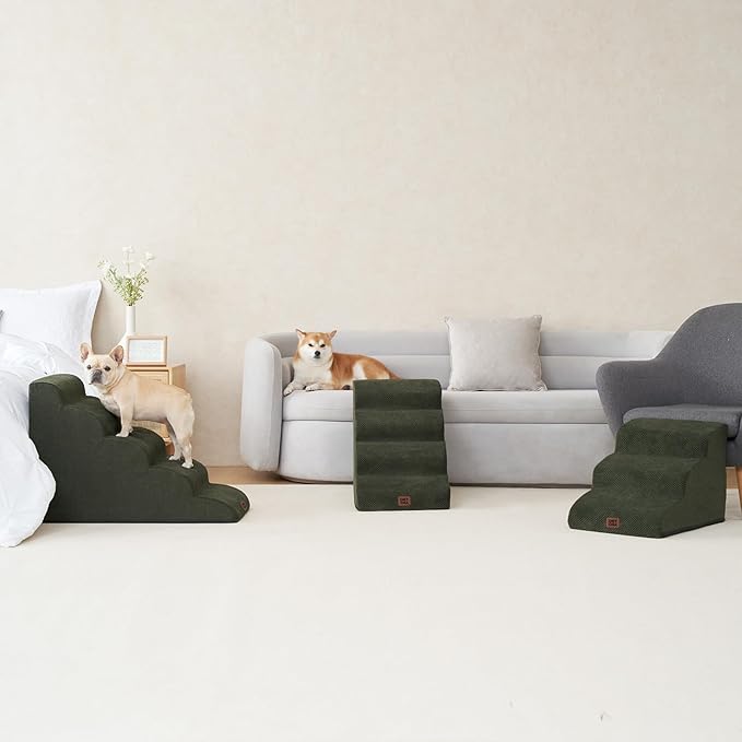 EHEYCIGA Curved Dog Stairs Ramp for High Beds 19.7" H, 4-Step Dog Steps for Small Dogs and Cats, Pet Stairs for High Bed Climbing, Non-Slip Balanced Pet Step Indoor, Olive Green-PurrikoPets