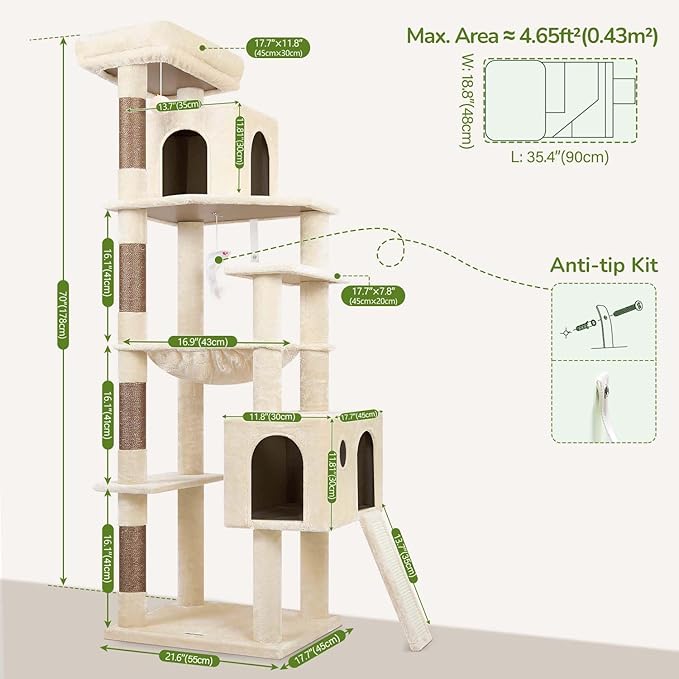 Globlazer Heavy Duty Cat Tree Tower, 70inch Sturdy Cat Tree for Indoor Cats Sturdy Large Cat Tower with Scratching Post and Scratching Board, Hammock, Cat Condo for Adult Cats Kittens, F70 Pro, Beige-PurrikoPets