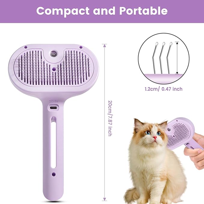 3 in 1 Cat Steam Brush, Pet Spray Hair Removal Comb for Shedding & Grooming, Water Brush for Cats Dogs Small Animals Long Short Haired with One-Click Release Button(Purple)-PurrikoPets