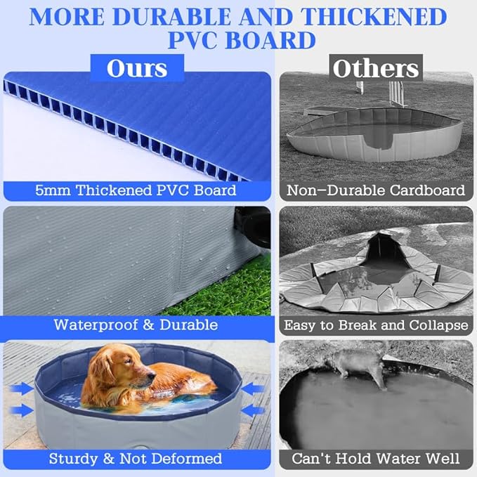 Foldable Dog Bath Swimming Pool 71'' Plastic Kiddie Pool Professional Tub Collapsible Grooming Bathtub for Pets Kids Baby and Toddler, 71 x 12 Inches Gray-PurrikoPets