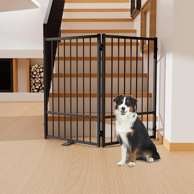 Full Metal Freestanding Dog Gate with Door, 32''Height Foldable Pet Dog Fence for Indoor & Outdoor, 2 Panels Extra Wide Free Standing TallDog Gates for Doorways,House,Stairs,Porch,Deck,Yard-PurrikoPets