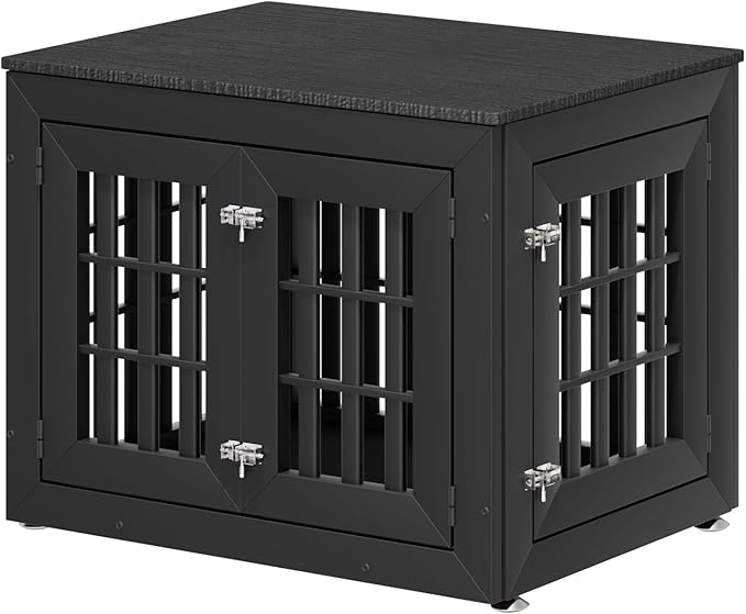 32" Heavy Duty Dog Crate Furniture for Small,Medium and Large Dogs,Rustic Wooden Dog Cage Kennel Indoor Furniture with Waterproof Top,Decorative Pet House Side End Table (Black)-PurrikoPets