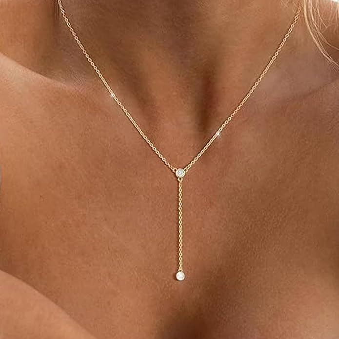 Lariat Silver/Gold Necklace for Women 925 Silver/14K Gold Plated Dainty Long Necklace Y-Shaped Drop Pendant Necklaces Choker Trendy Chain Simple Layered Necklaces CZ Jewelry for Women Set Gift